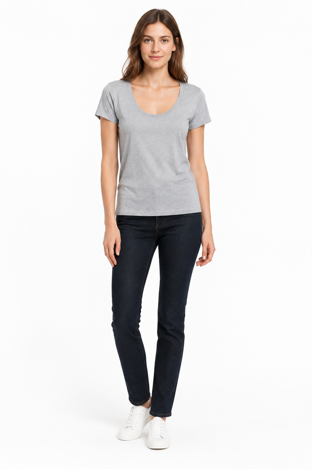 Model wearing the grey scoop-neck t-shirt