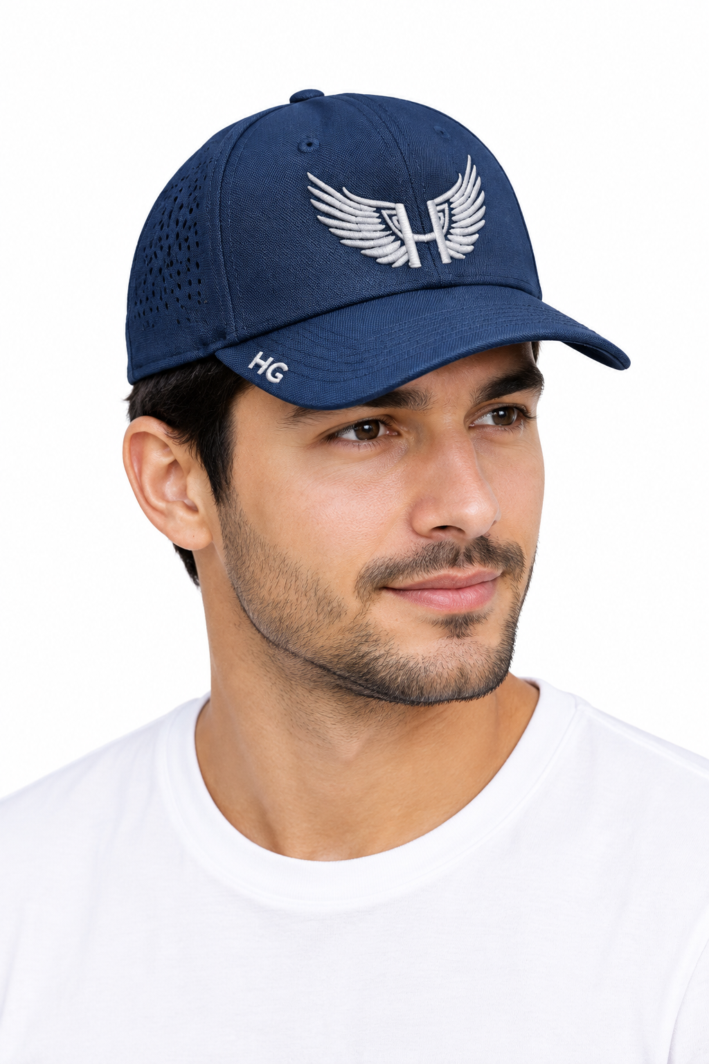 Model wearing the navy blue cap
