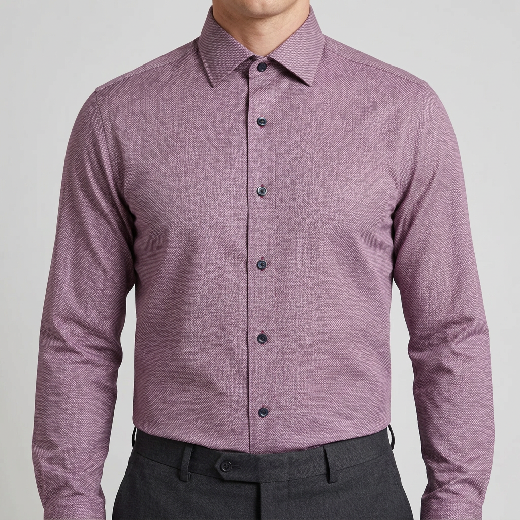 Model wearing the patterned burgundy shirt tucked in and fully buttoned