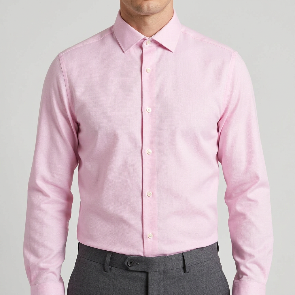 Model wearing the pink shirt tucked in with all buttons fastened