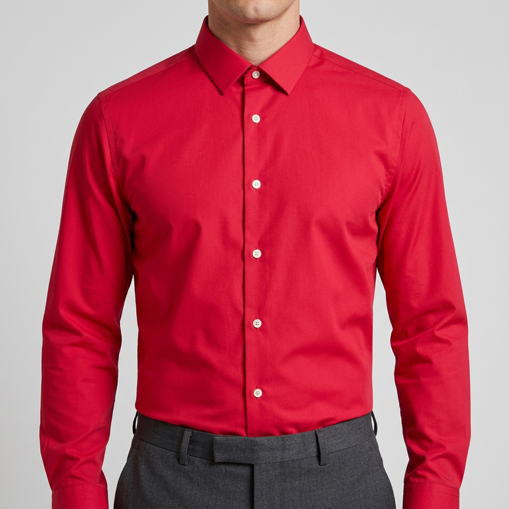 Model wearing the red shirt tucked in and fully buttoned