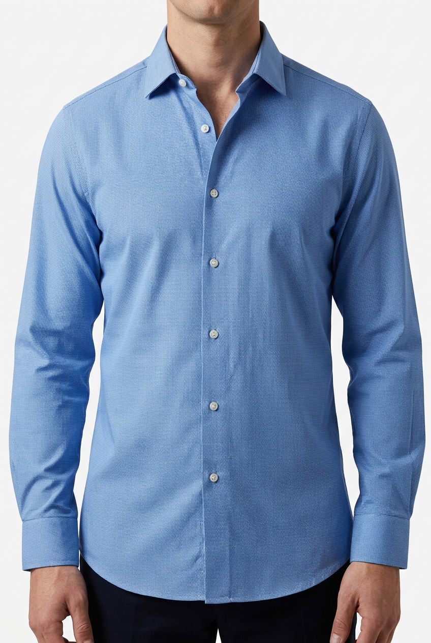 Model wearing the shirt, cropped from neck to waist
