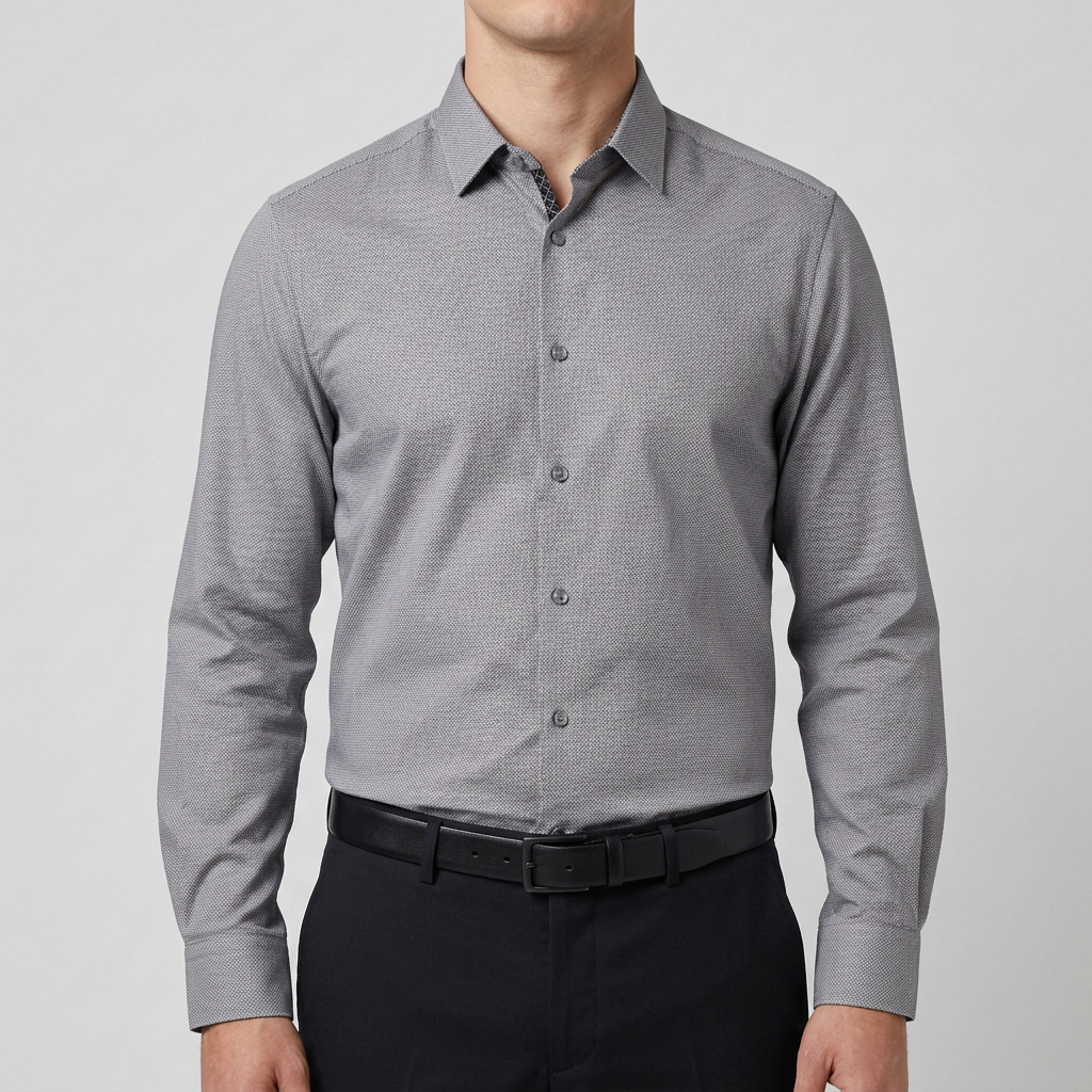 Model wearing the shirt, neck to waist, buttons closed and tucked in