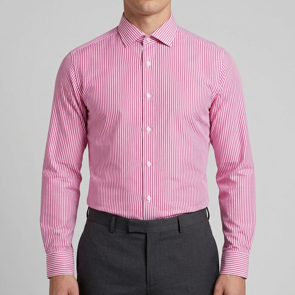 Model wearing the shirt tucked in with all buttons fastened
