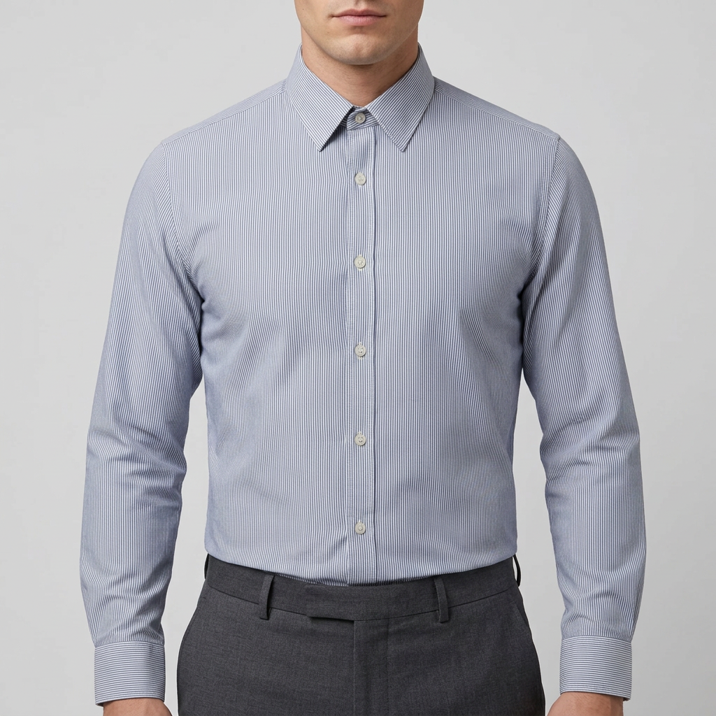 Model wearing the striped Burton shirt tucked in and fully buttoned