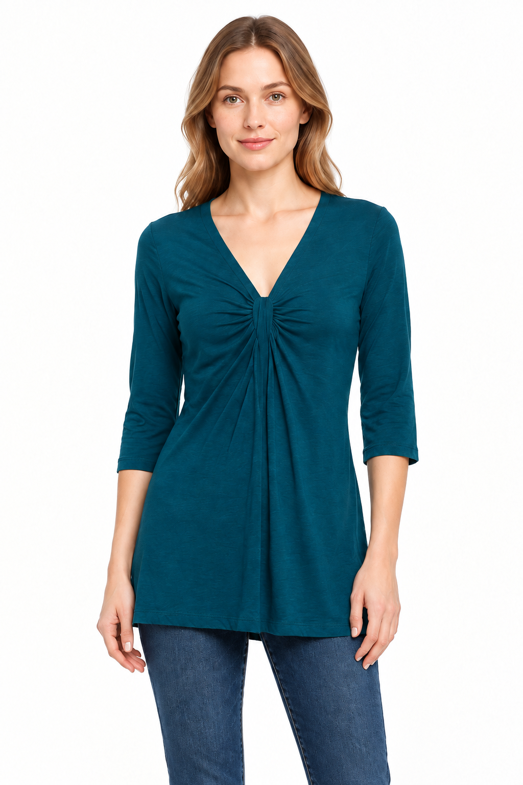 Model wearing the teal-green ruched V-neck blouse, head-to-thigh crop