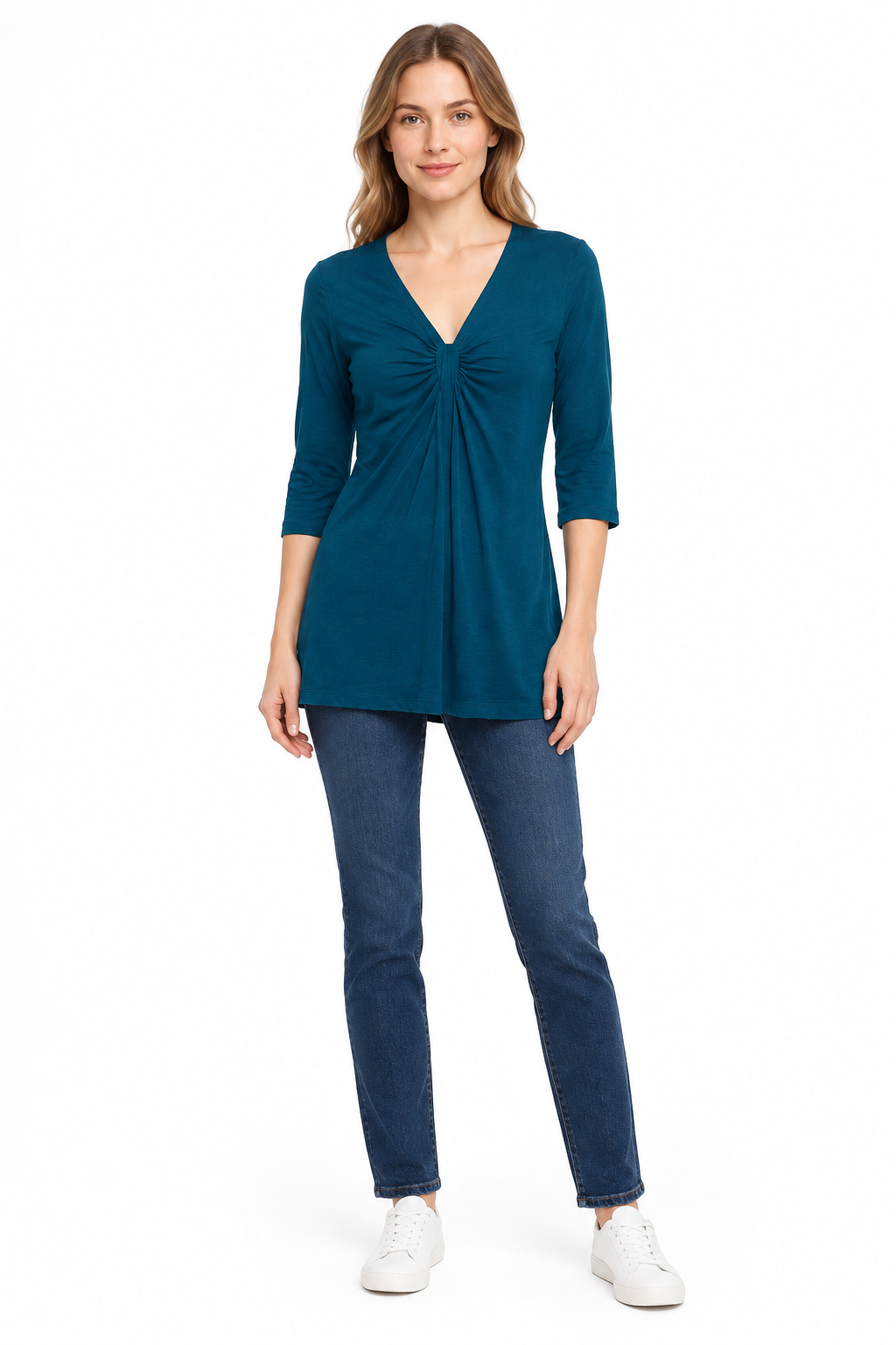 Model wearing the teal-green ruched V-neck blouse with 3/4 sleeves