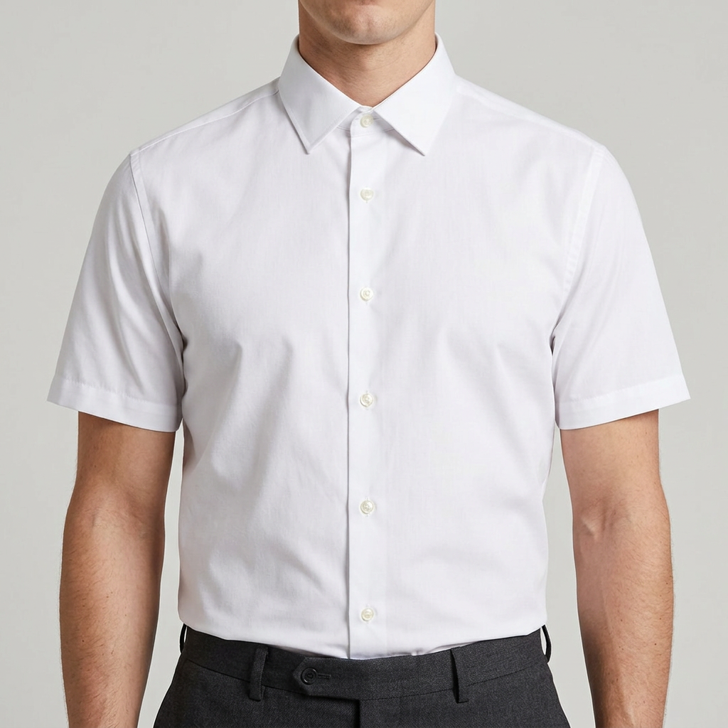Model wearing the white short-sleeve shirt tucked in