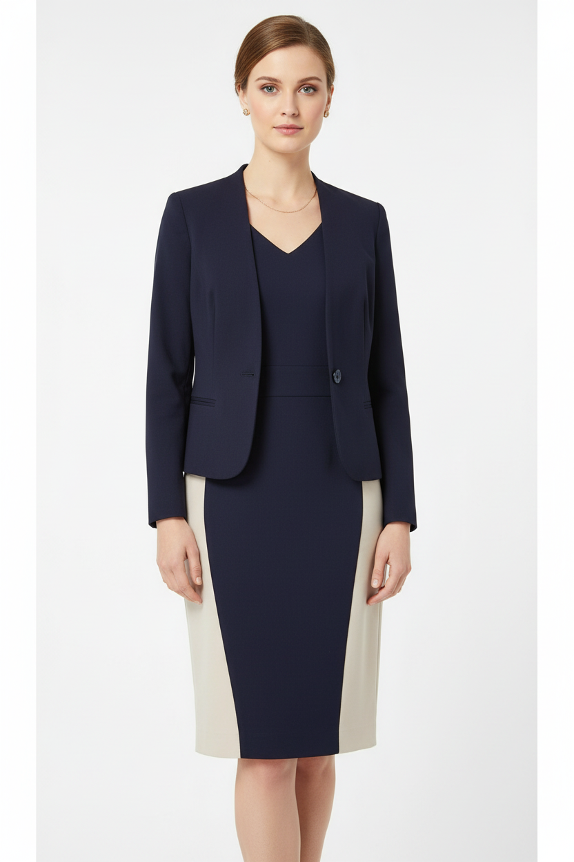 Navy Beige 2-Piece Dress & Blazer Suit on Model