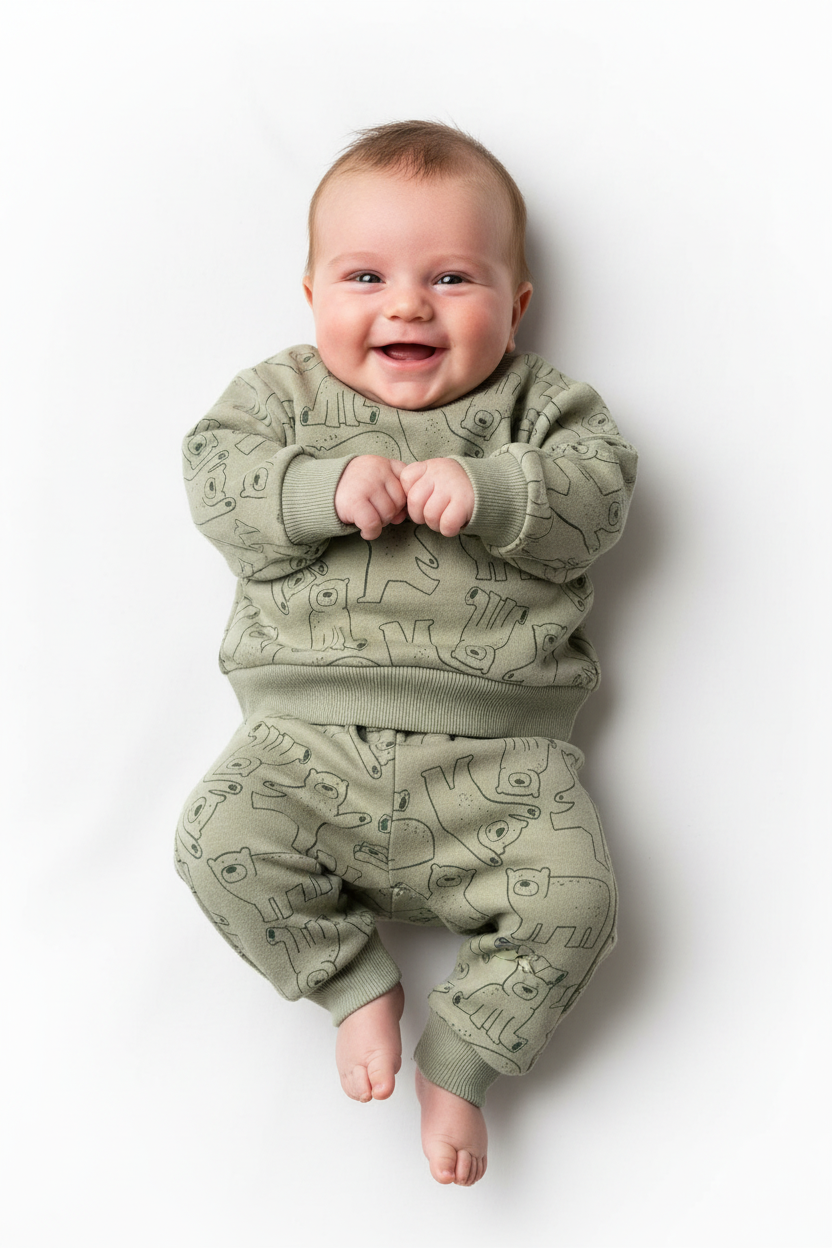 Newborn baby boy in sage green bear print tracksuit