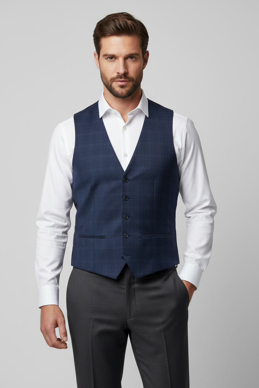Next Blue Check Waistcoat on Model