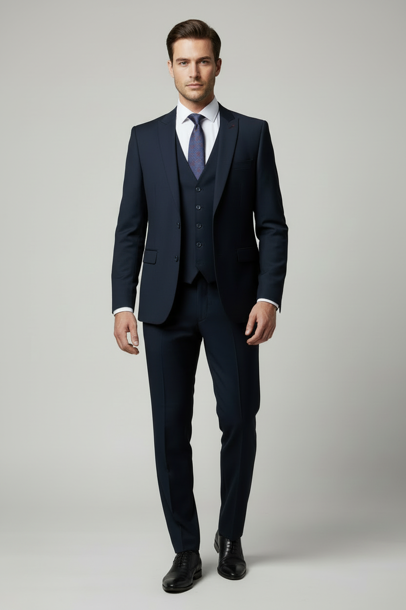 Next Navy Blue 3-Piece Suit - Hands Down, Jacket Closed