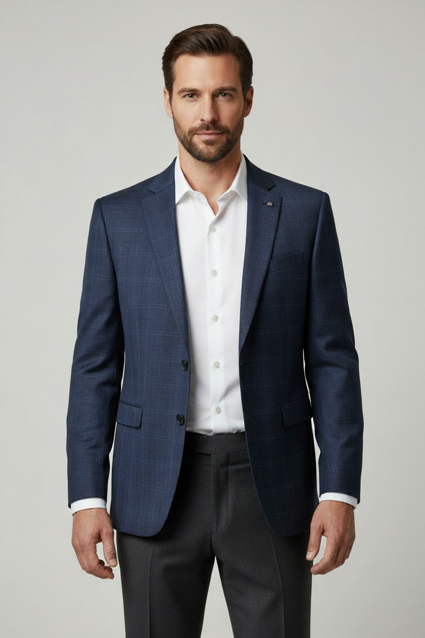 Next Navy Blue Check Blazer on Model - Corrected