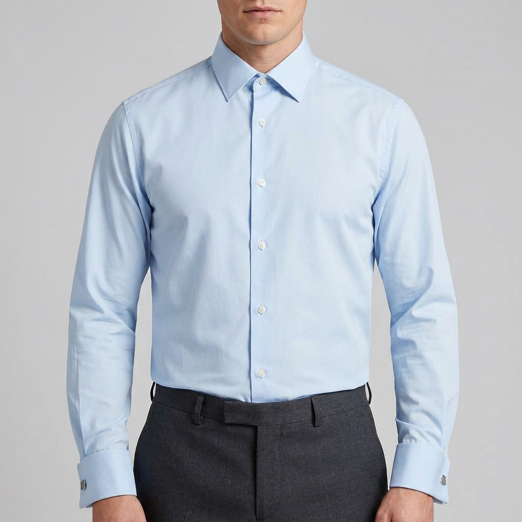 Pale blue shirt model view tucked in with collar closed