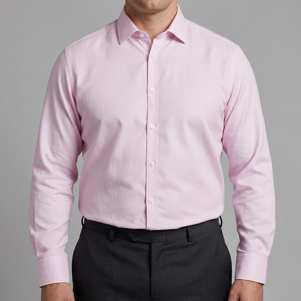 Pink shirt worn tucked in with all buttons closed to the collar