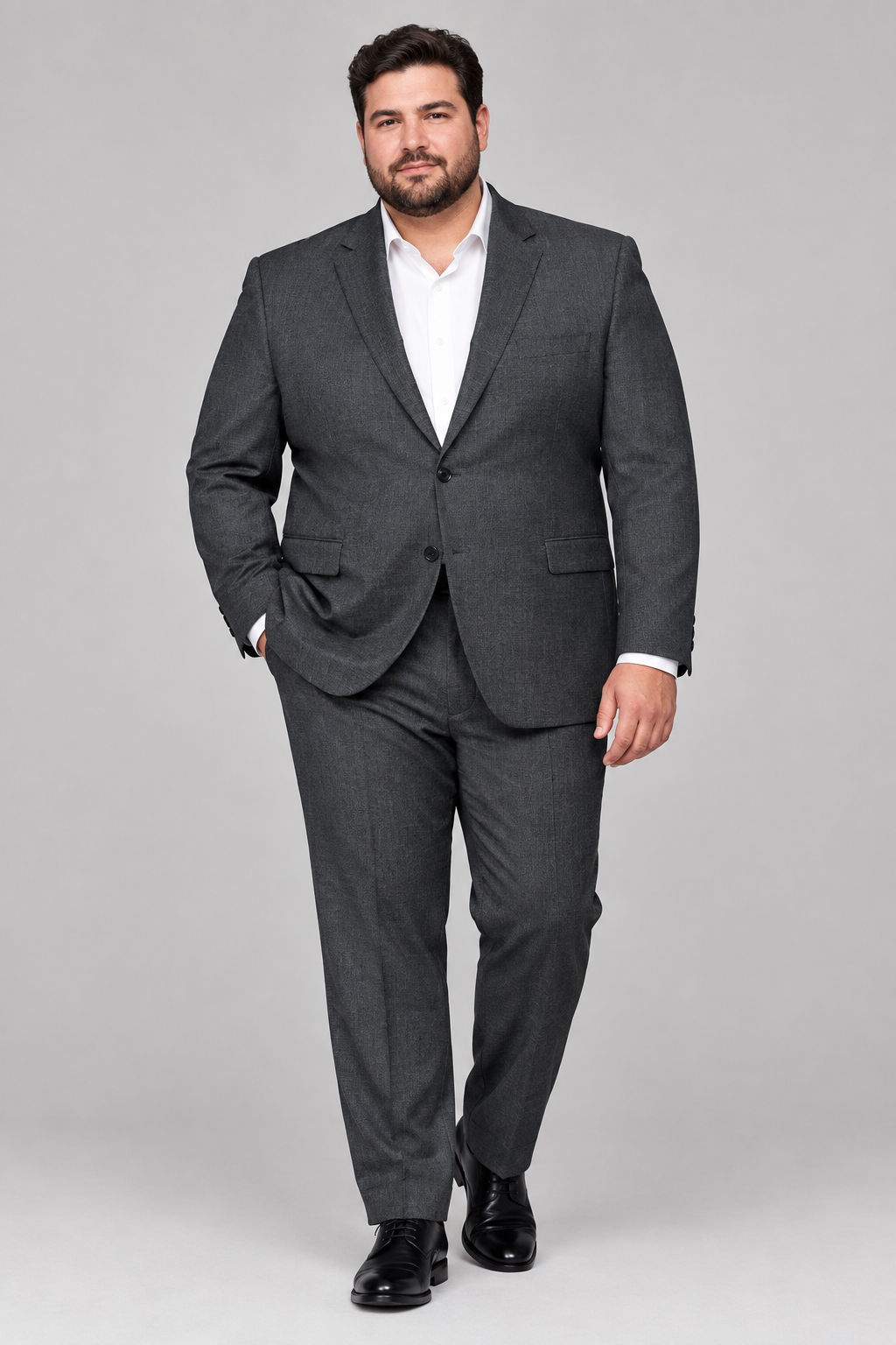 Plus size model in grey Next suit