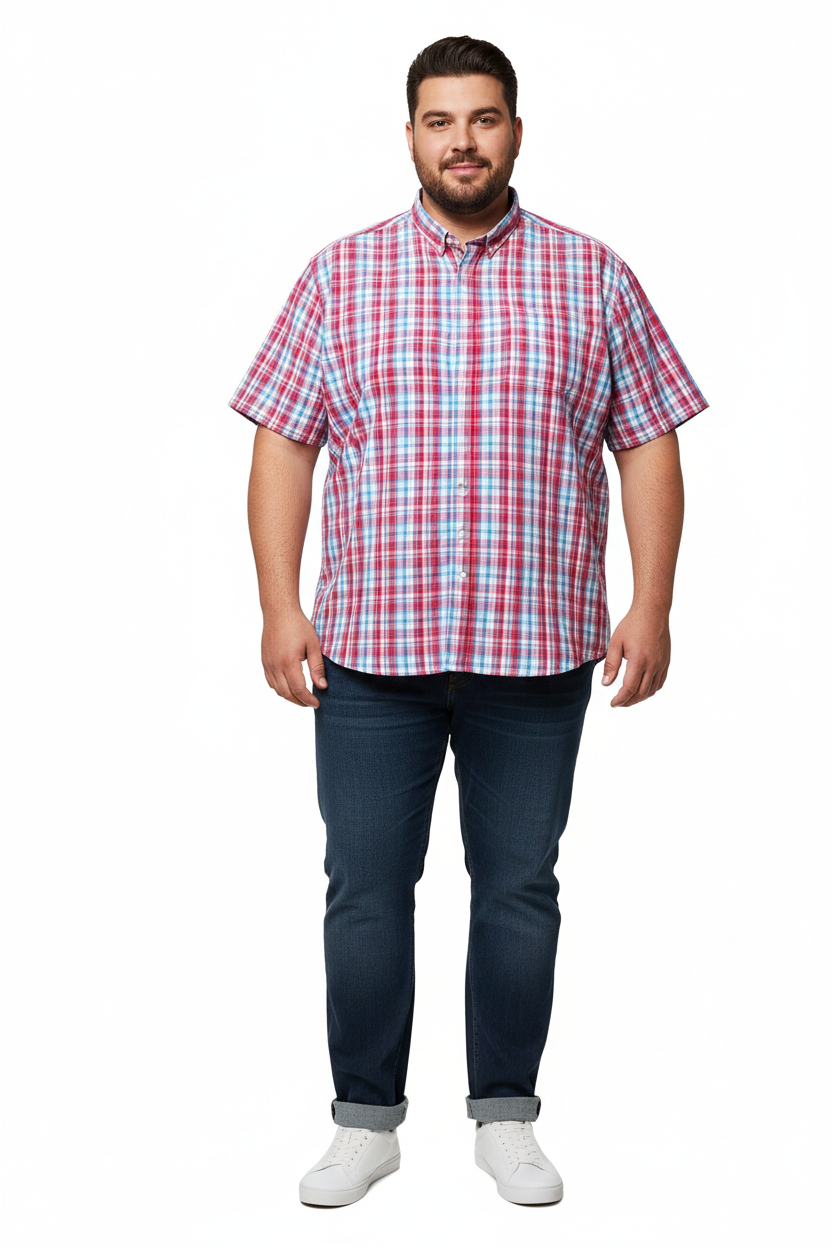 Plus size model wearing red plaid shirt