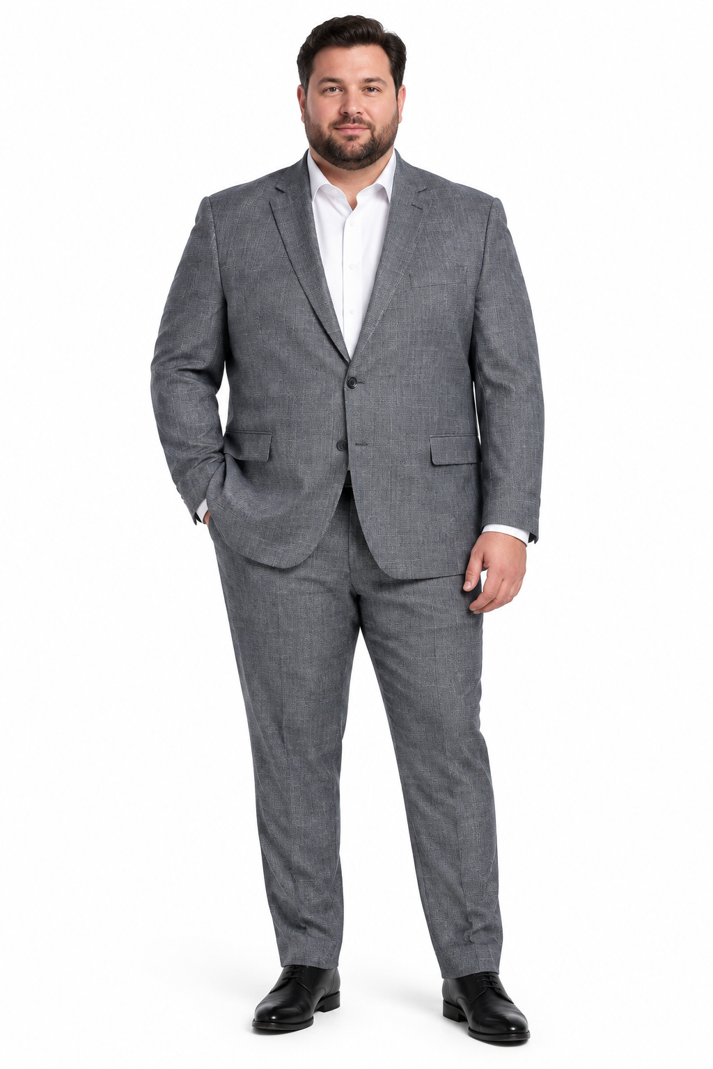 Plus-size model wearing the grey suit