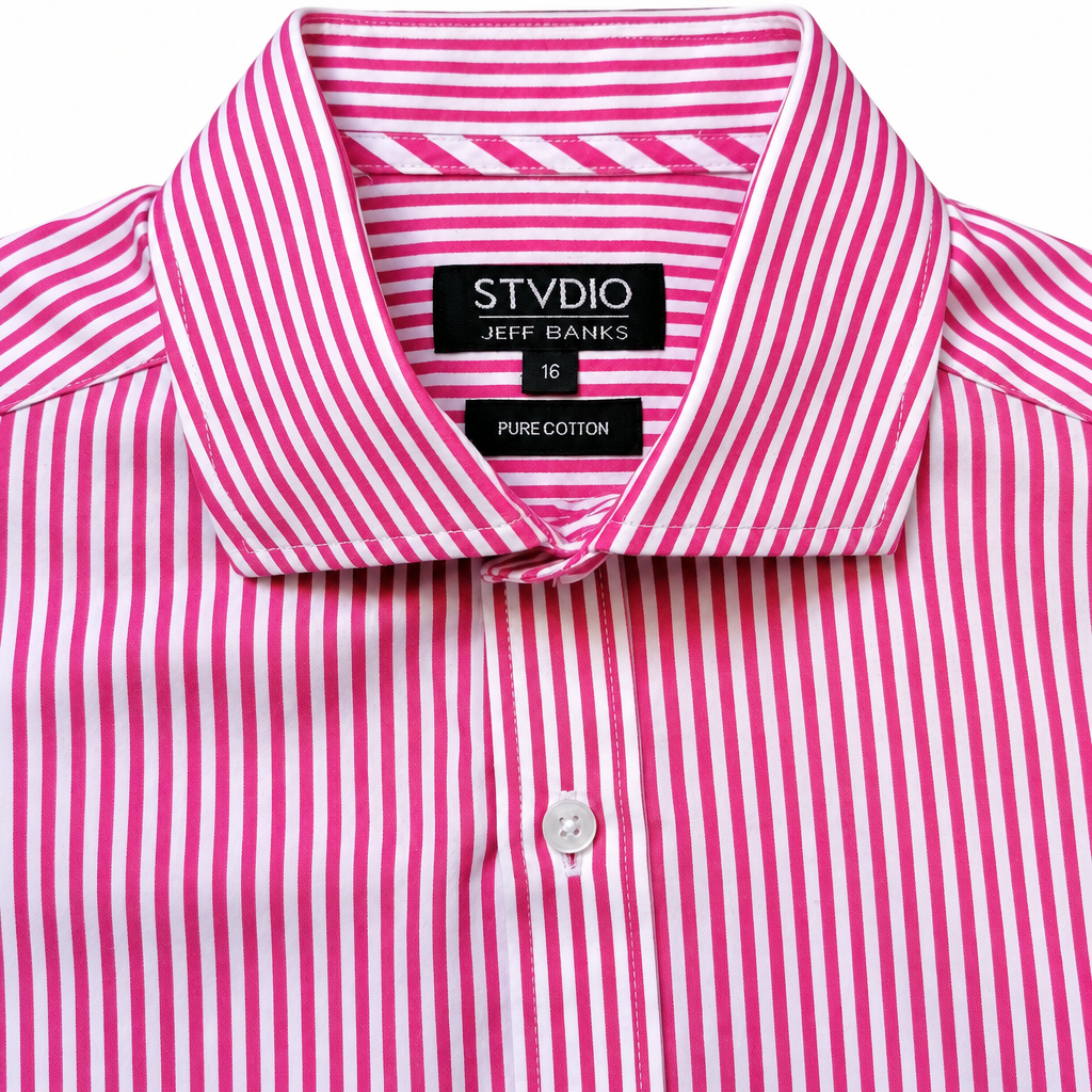 Refined close-up of the shirt’s collar and striped fabric