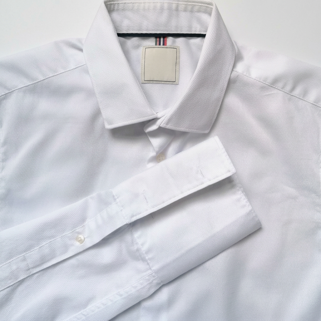 Refined close-up of the white shirt’s collar and cuff