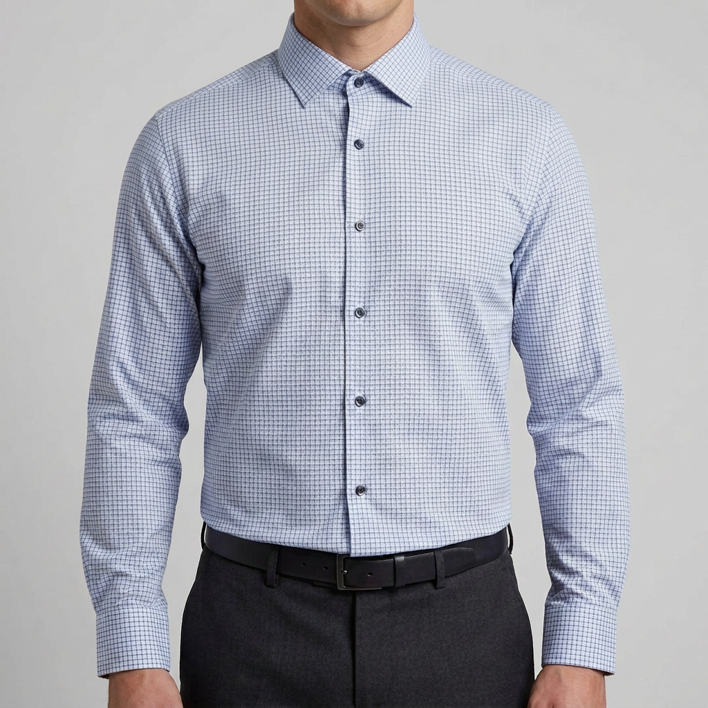 Revised blue checked shirt with the collar button closed
