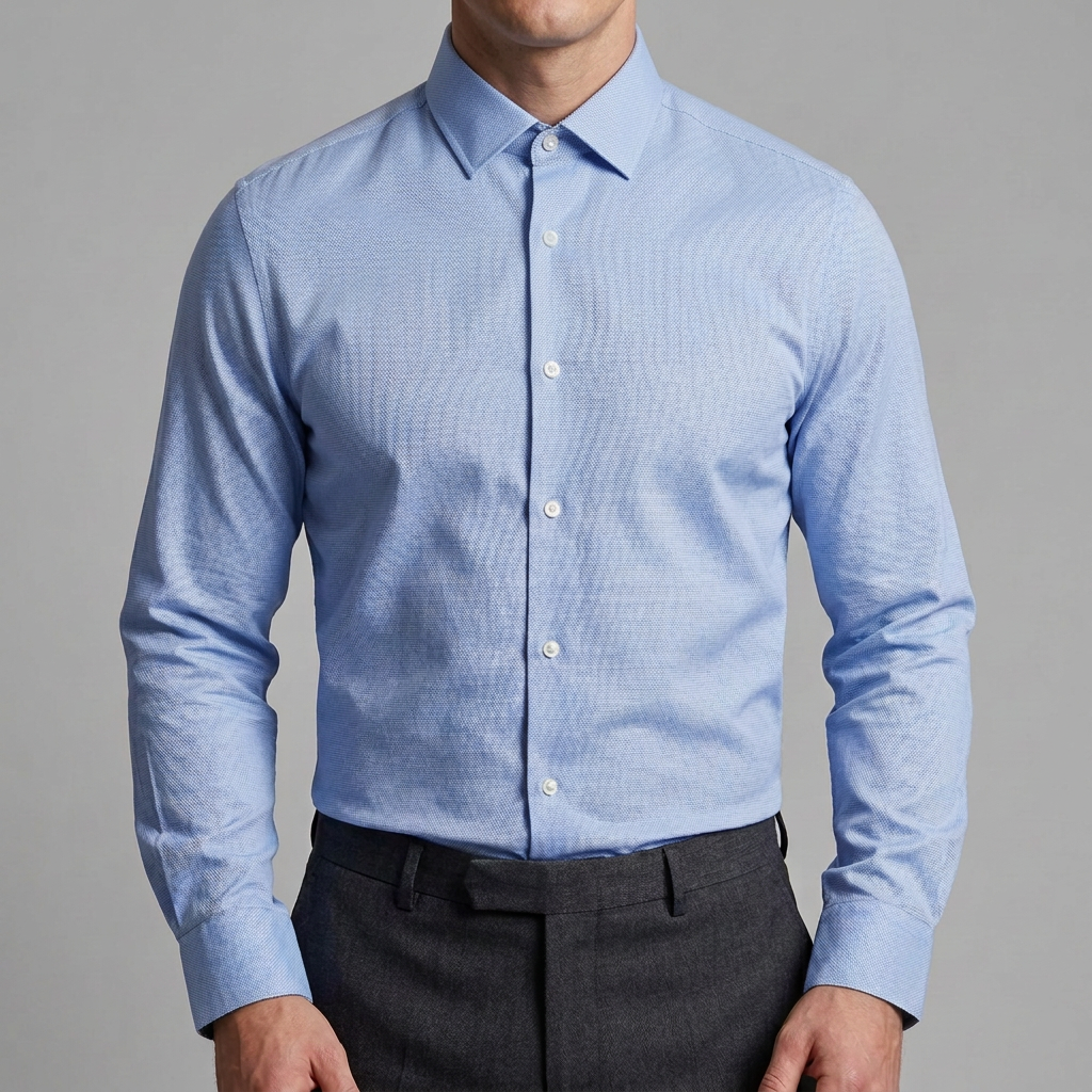 Revised model image with all shirt buttons fastened