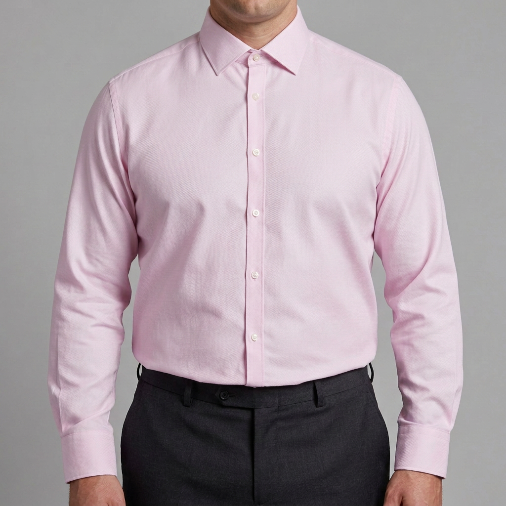 Revised pink shirt model image with collar button closed
