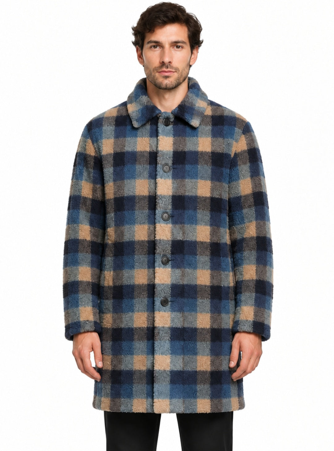Men Asos navy mix fleece trench overcoat jacket, Medium