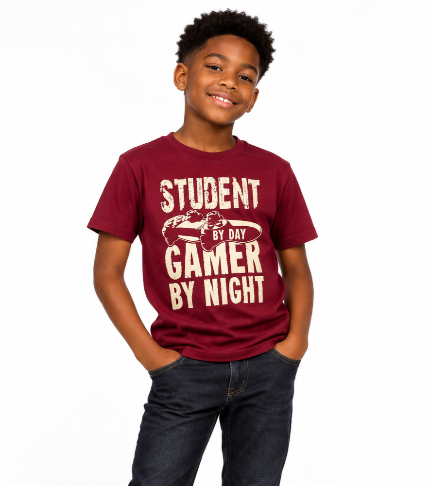 Boys student gamer burgundy t-shirt 10-11 years