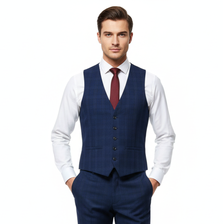 Men Burton navy blue check waistcoat, small
