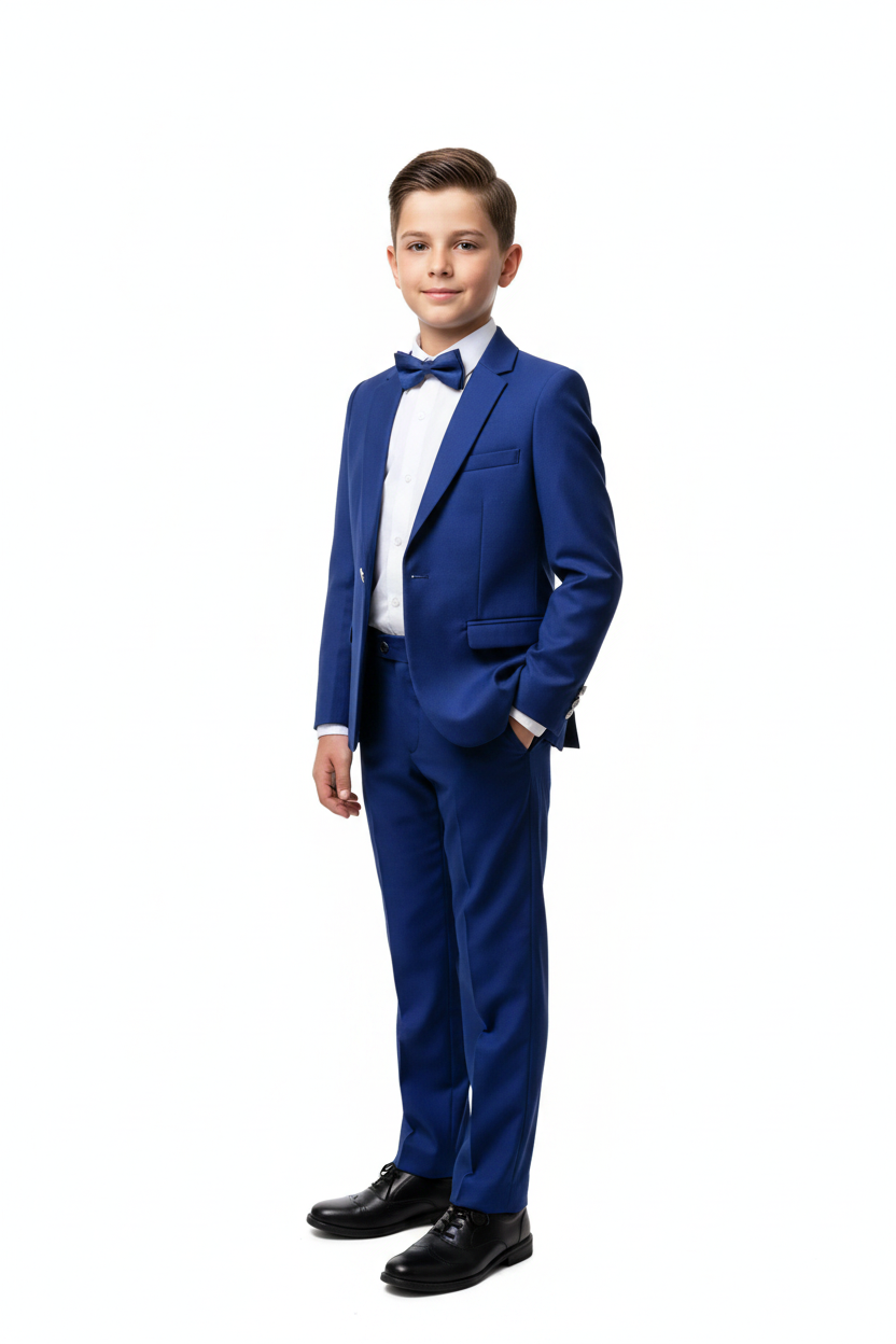 Royal blue suit with white shirt and blue bow tie