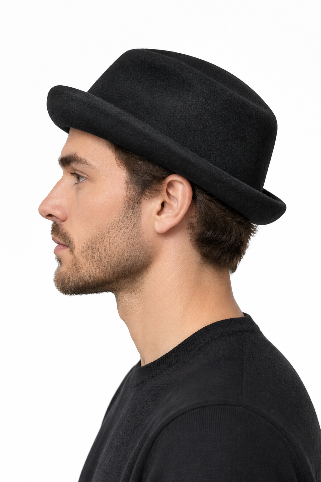 Separate side-profile model image of the black H&M wool hat