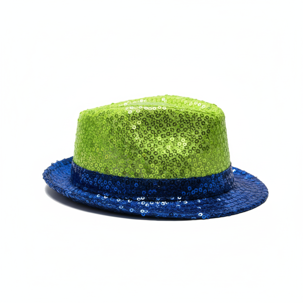 Sequin fedora hat shown from side angle