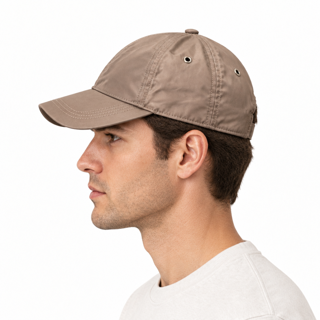 Side view of model wearing the beige cap