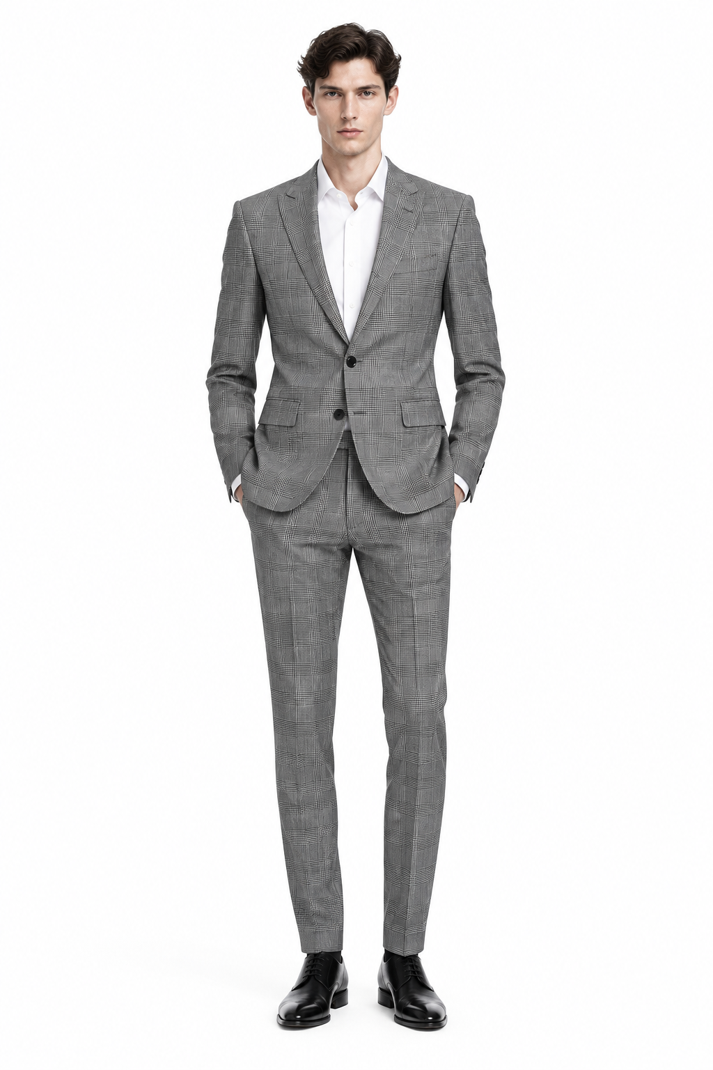 Slim model in matching grey check two-piece suit