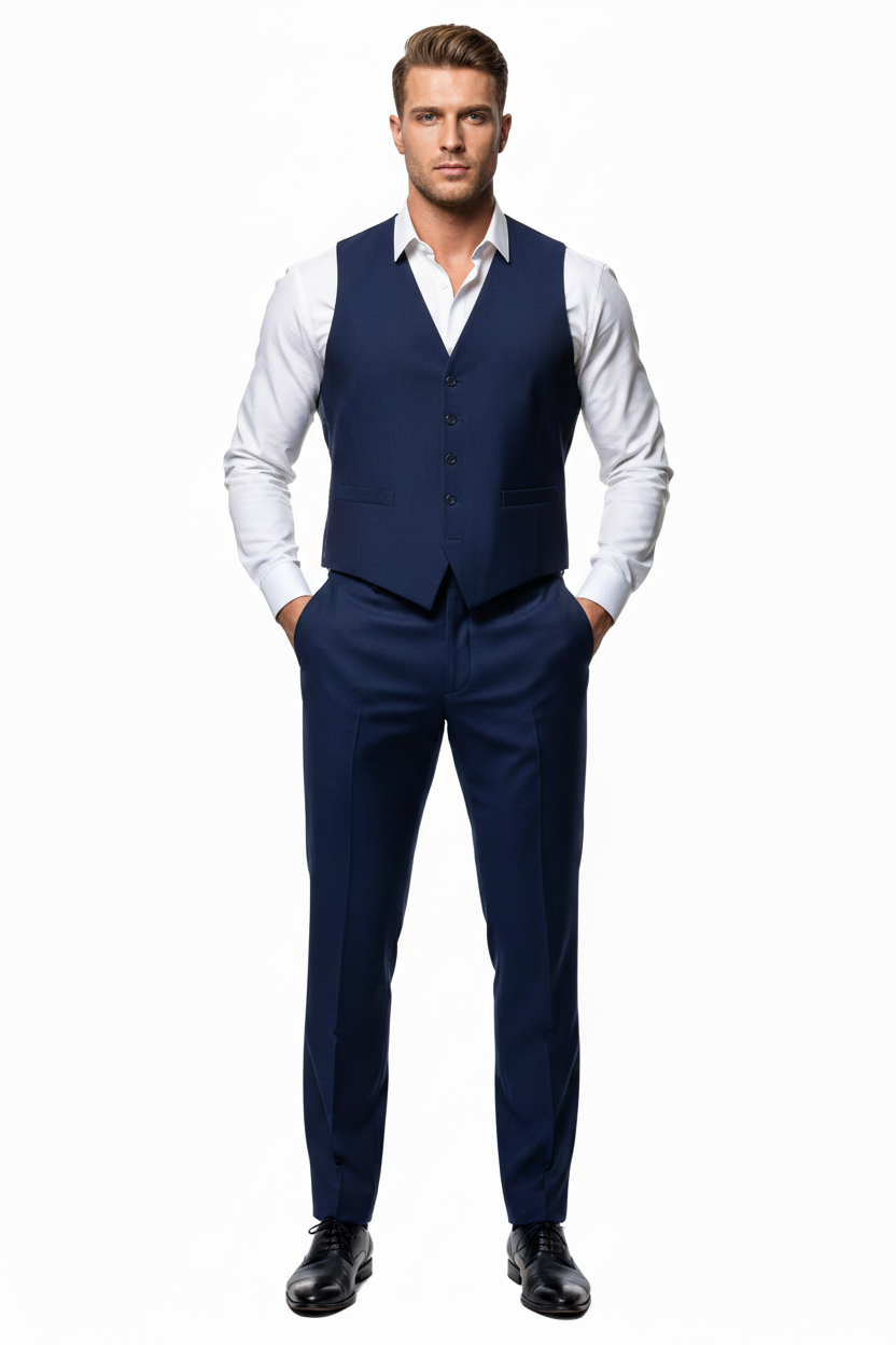 Tall broad male model wearing navy waistcoat, white shirt and trousers