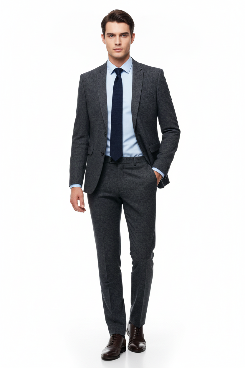 Tall slim male model wearing charcoal grey blazer