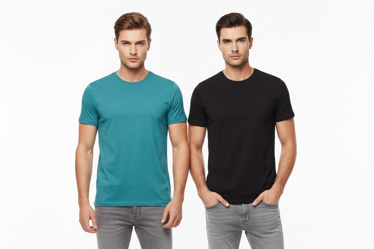 Teal & Black T-Shirt - Two Models Head to Waist