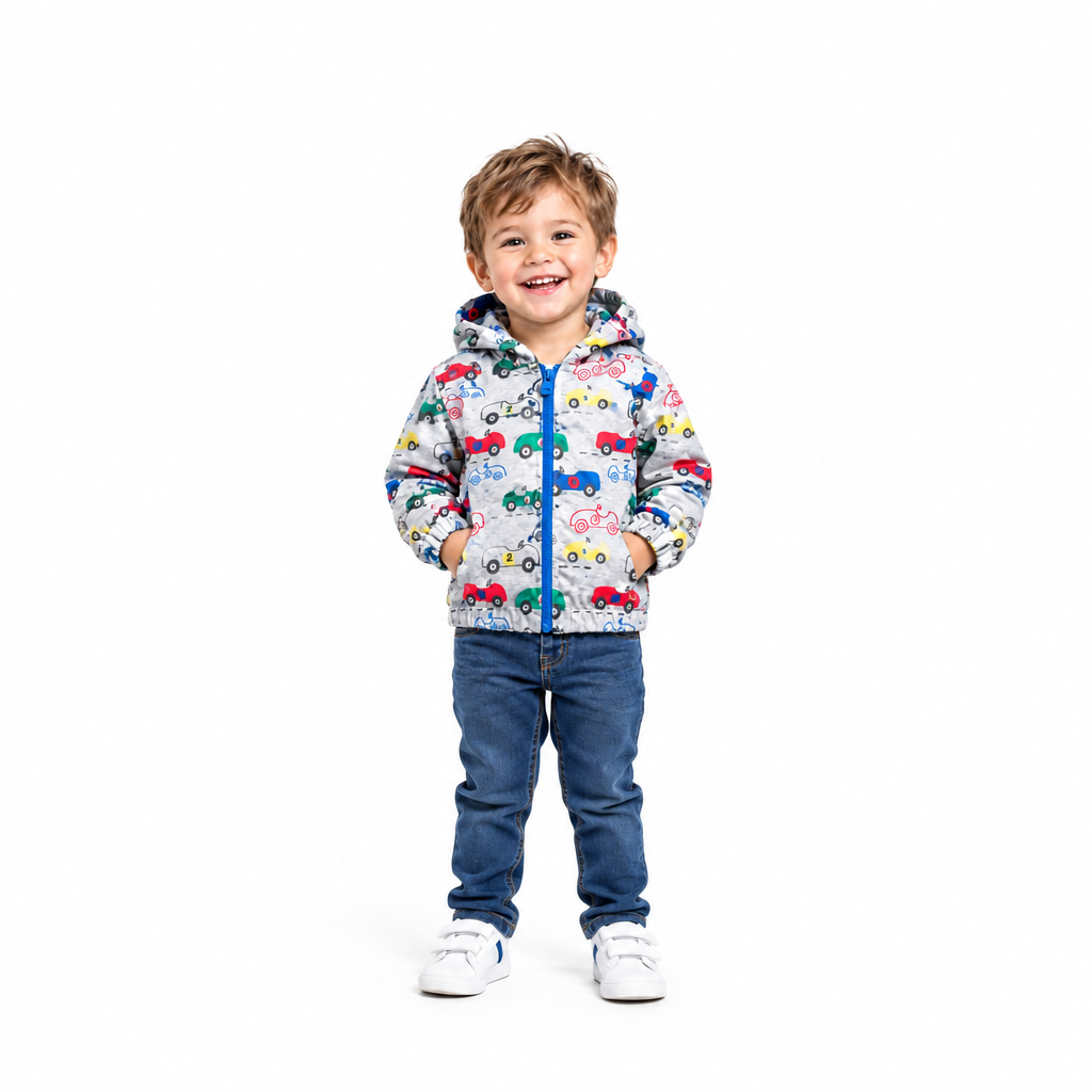 Toddler boy in cars jacket, smaller figure