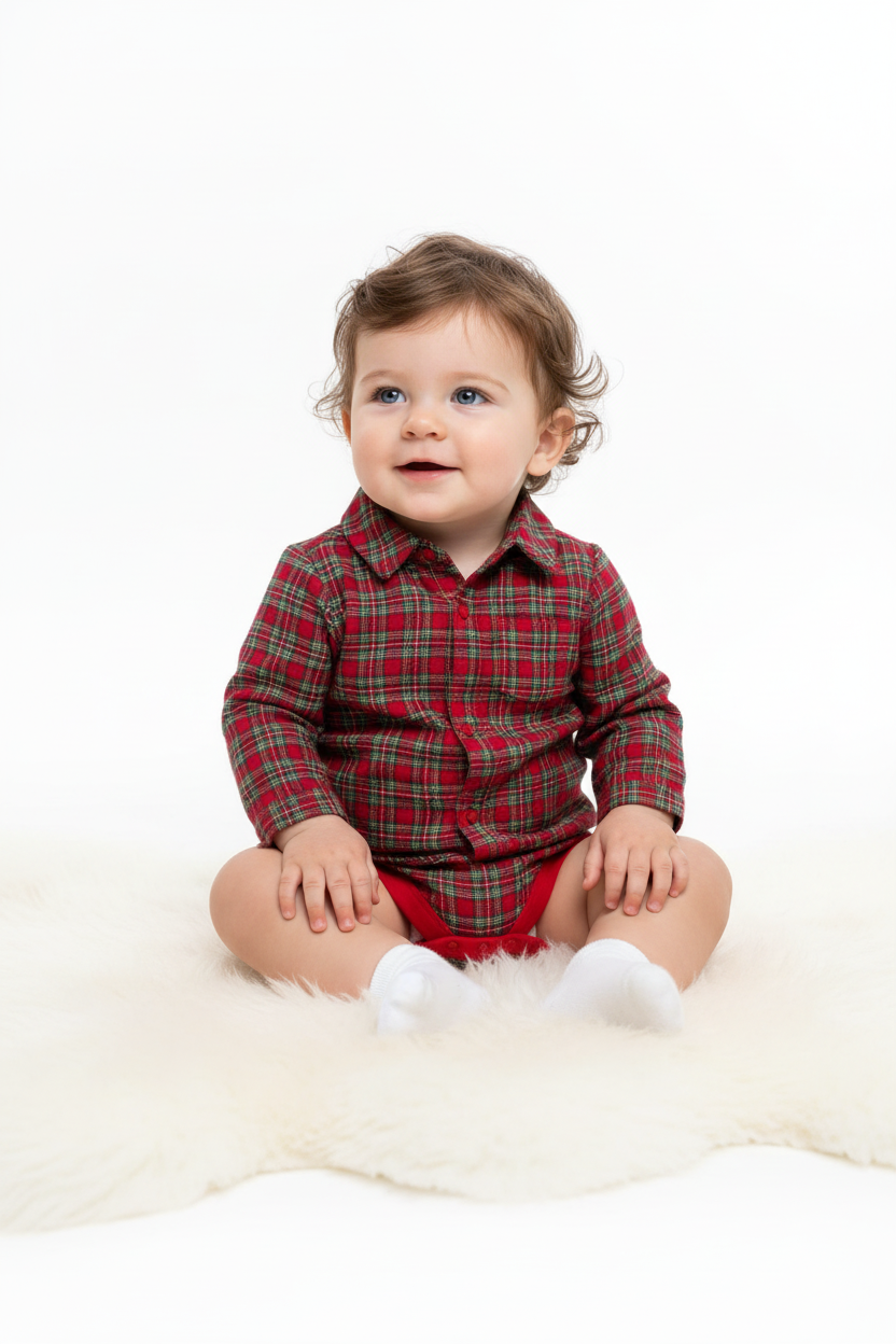 Toddler boy in red tartan shirt-bodysuit