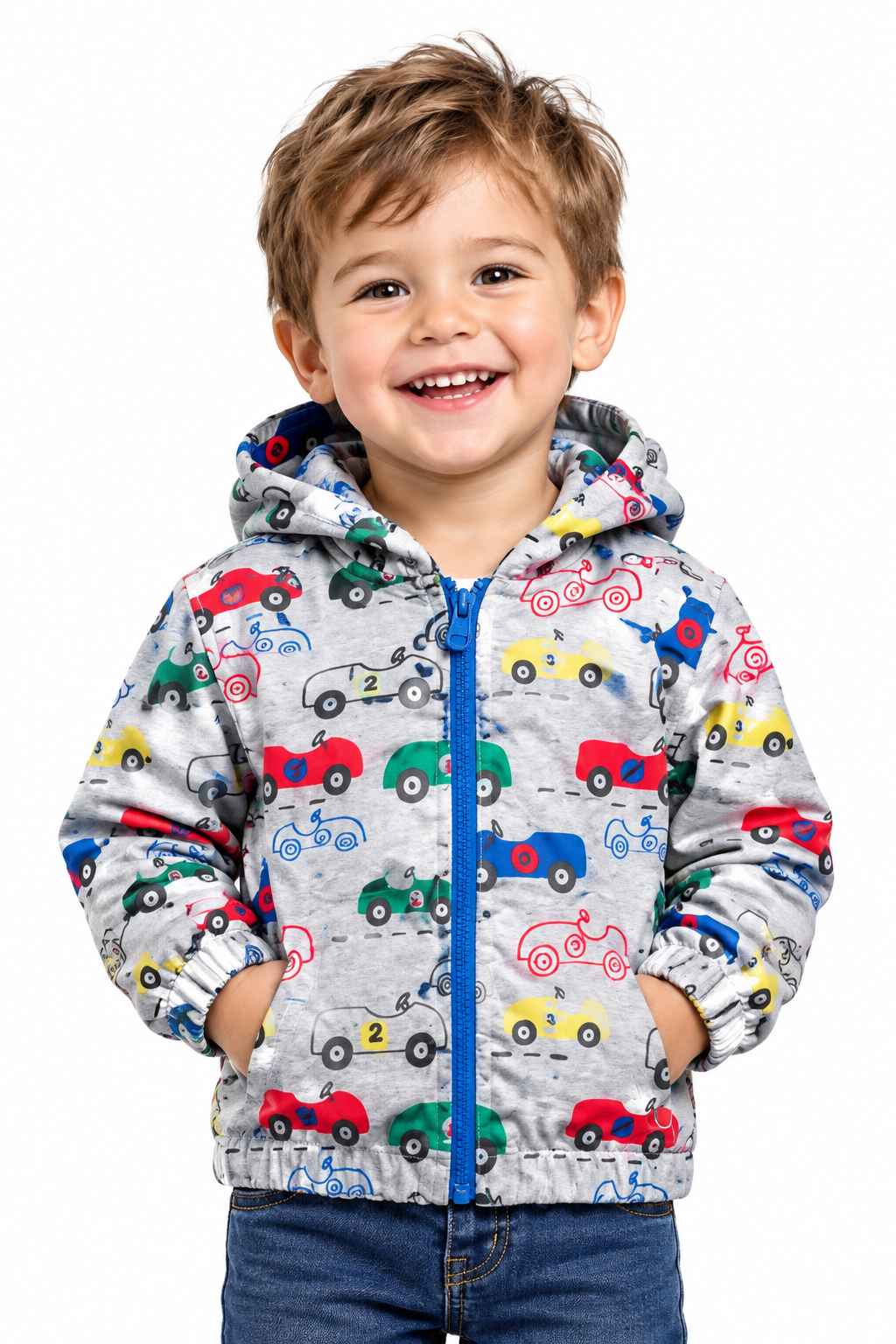 Toddler boy wearing cars print jacket