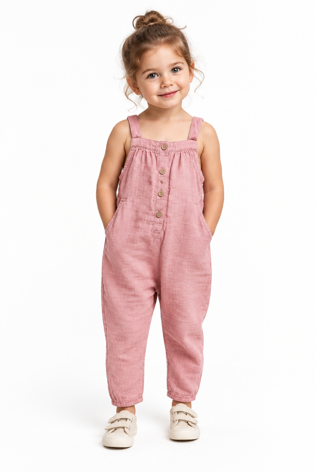 Toddler girl wearing pink linen dungarees