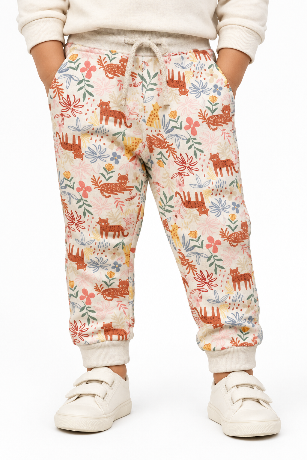 Toddler model wearing jungle print joggers