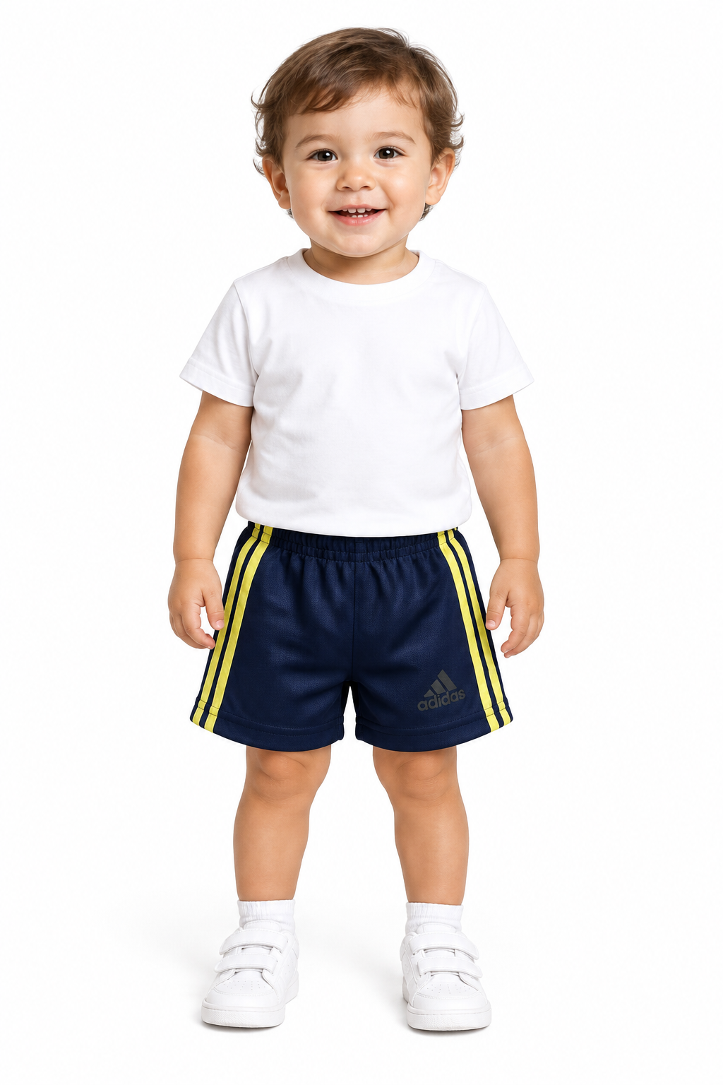 Toddler modeling the navy shorts