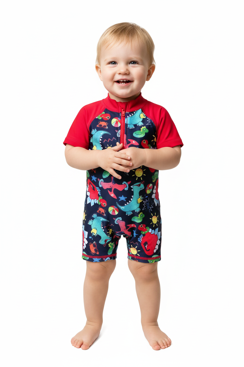 Toddler standing in dinosaur swimsuit