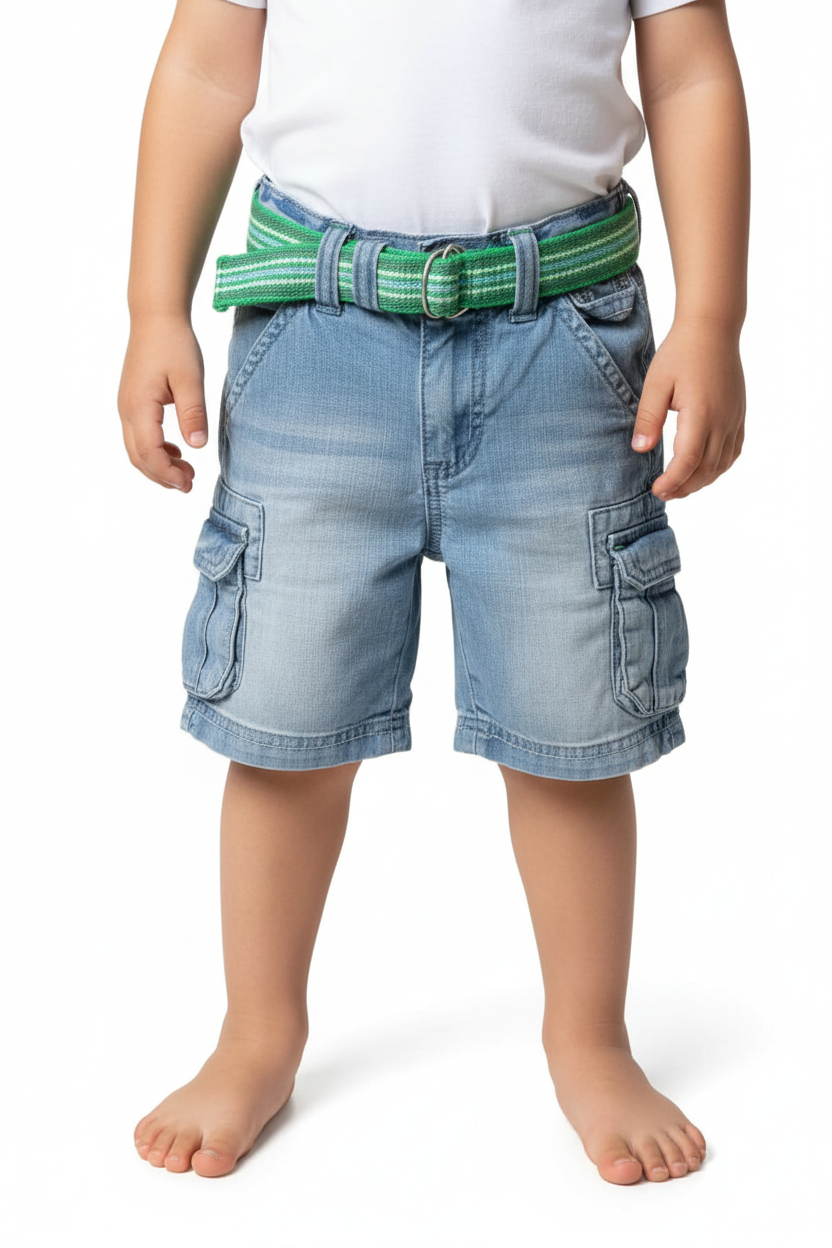 Toddler waist-down in denim cargo shorts with green belt