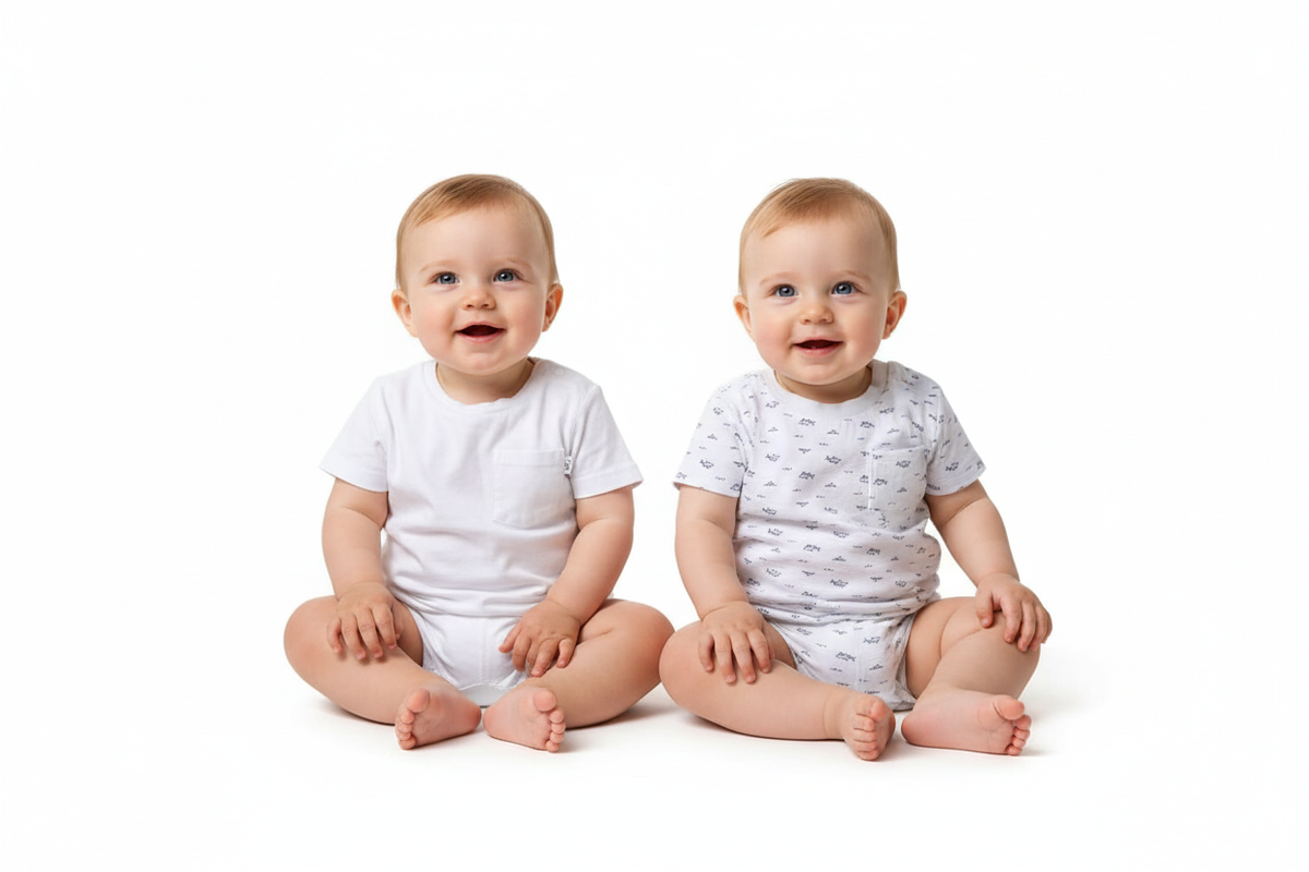 Twin baby boys wearing the actual t-shirts