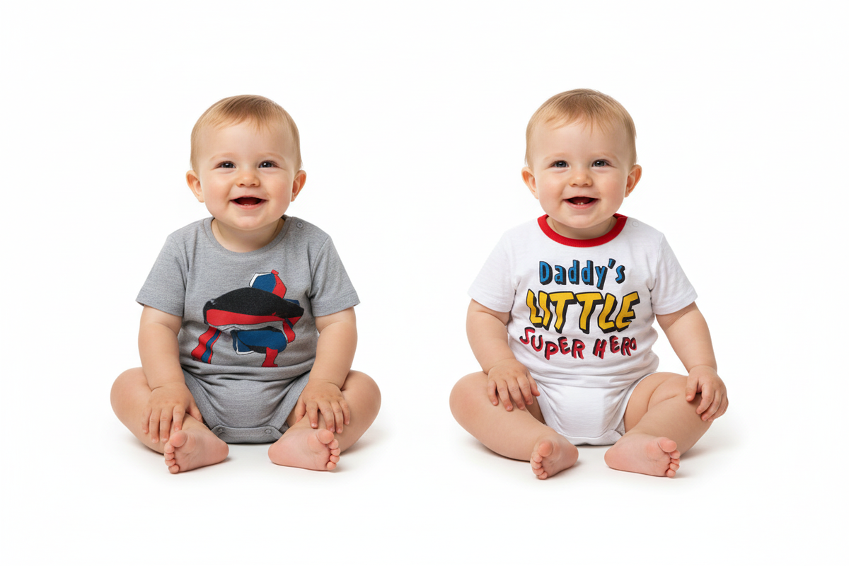 Two baby boys wearing the superhero t-shirts