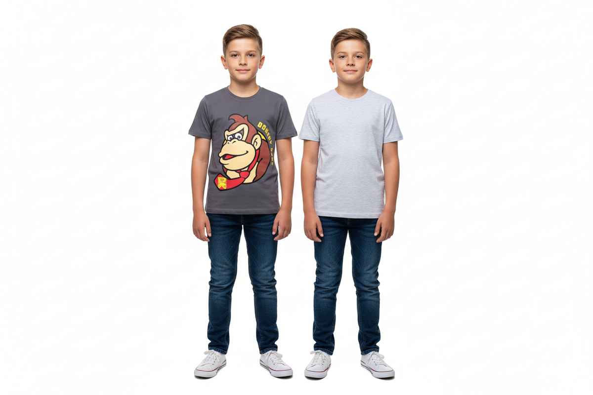 Two boys side by side in Donkey Kong and plain grey tees