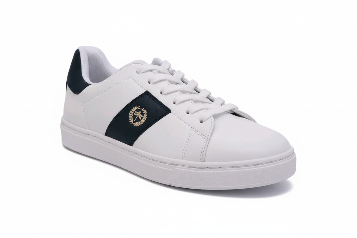 White Navy Court Trainers 3/4 View